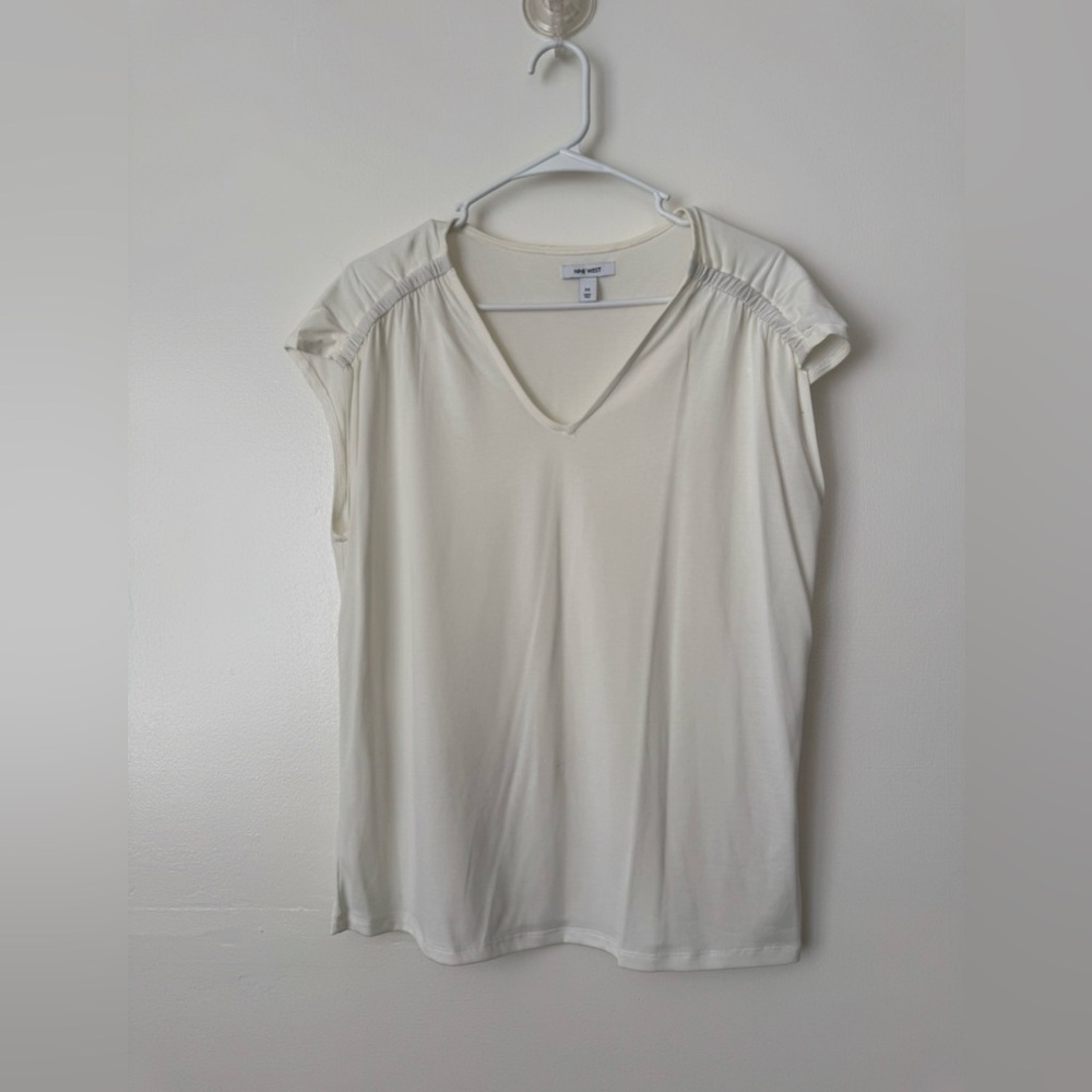 Nine West Cream V-Neck Ruched Shoulder Tank